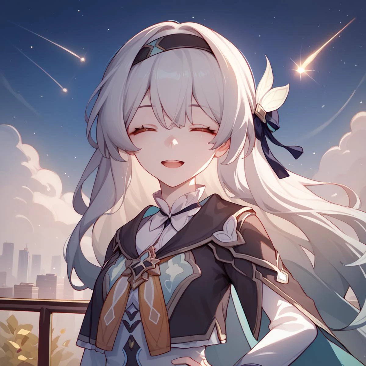 score_9, score_8_up, score_7_up, score_6_up, masterpiece,best quality, very aesthetic, absurdres, source_anime, Expressiveh, <lora:Expressive_H:1> <lora:add-detail-xl:1>
fireflydef, jacket, dress, bow, hairband, hair ornament, grey hair
looking at viewer, star \(sky\), shooting star, smile, closed eyes, open mouth, skyline, solo, cowboy shot, night sky, close-up, hand on own hip,
<lora:enhancerV4-pony:1> <lora:Pony_DetailV2.0:1> <lora:Firefly-v2.5.3-PDXL:1>