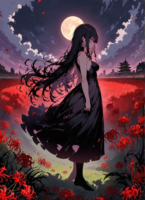 (masterpiece), <lora:anime enhancer V3 xl:1> detailed, skin, texture, detailed skin texture, volumetric, shadow, volumetric shadow, detailed, <lora:detailed_notrigger:1>, 1girl, profile, silhouette, ((flower field)), spider lily, petals, moon, cloudy sky, (panorama), long hair, full body,