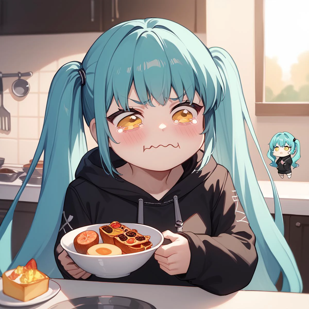 score_9, score_8_up, score_7_up, score_6_up, source_anime, <lora:add-detail-xl:1> source_anime, anime style, blush,
privaty, yellow eyes, aqua hair, twintails, very long hair, hoodie, black hoodie,
aquacrying, wavy mouth, closed mouth, tearing up, kitchen, chibi, looking at food, fish,
<lora:anime enhancer V3 xl:1> <lora:concept_aquacrying_ponyXL:1> <lora:privaty-nikke-richy-v1_pdxl:1>