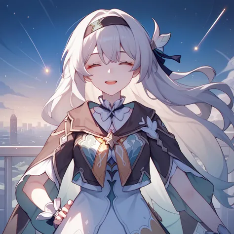 score_9, score_8_up, score_7_up, score_6_up, masterpiece,best quality, very aesthetic, absurdres, source_anime, Expressiveh, <lora:Expressive_H:1> <lora:add-detail-xl:1>
fireflydef, jacket, dress, bow, hairband, hair ornament, grey hair
looking at viewer, star \(sky\), shooting star, smile, closed eyes, open mouth, skyline, solo, cowboy shot, night sky, close-up, hand on own hip,
<lora:enhancerV4-pony:1> <lora:Pony_DetailV2.0:1> <lora:Firefly-v2.5.3-PDXL:1>