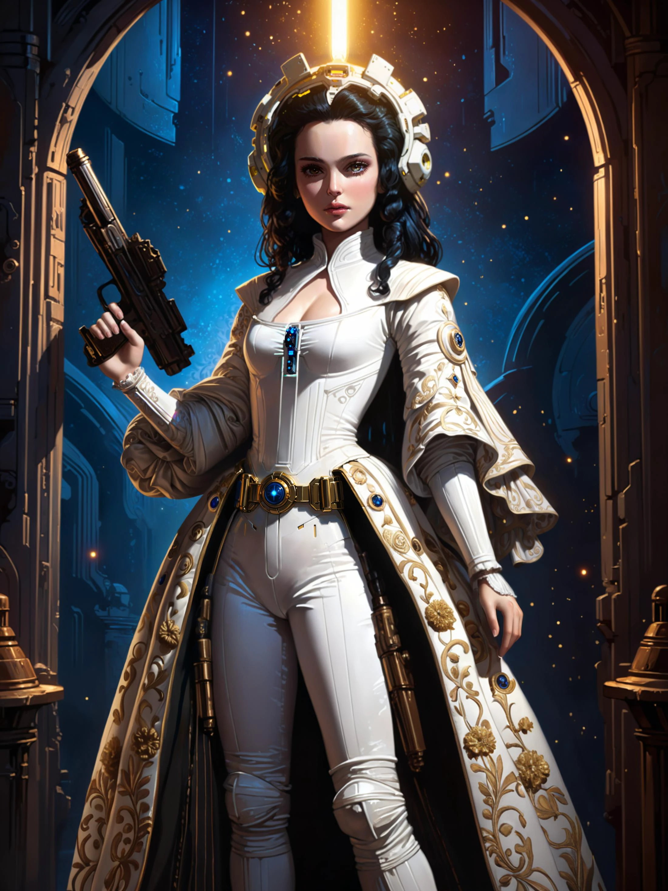 <loractl:envybetterhiresfixxl01-xl:0.4:hr=1.0> <lora:more_artful-xl:0.6> <lora:add-detail-xl:1.8> <lora:lyco-style-envydramaticlightingxl01_digital_art-xl:0.44> <lora:anime_enhancer-xl-v4-by_n0utis:1.0> anime movie poster style, intricately detailed attire, long black hair, [by (john berkey:1.4) and (greg hildebrandt:1.3), princess amidala with a blaster pistol, star wars|by (jean-baptiste-simeon chardin:1.2), rococo princess], [star wars style|rococo] background, glowing particles, dappled light, rim lighting, dark corners, looking at viewer, ultra detailed, 8k, uhd