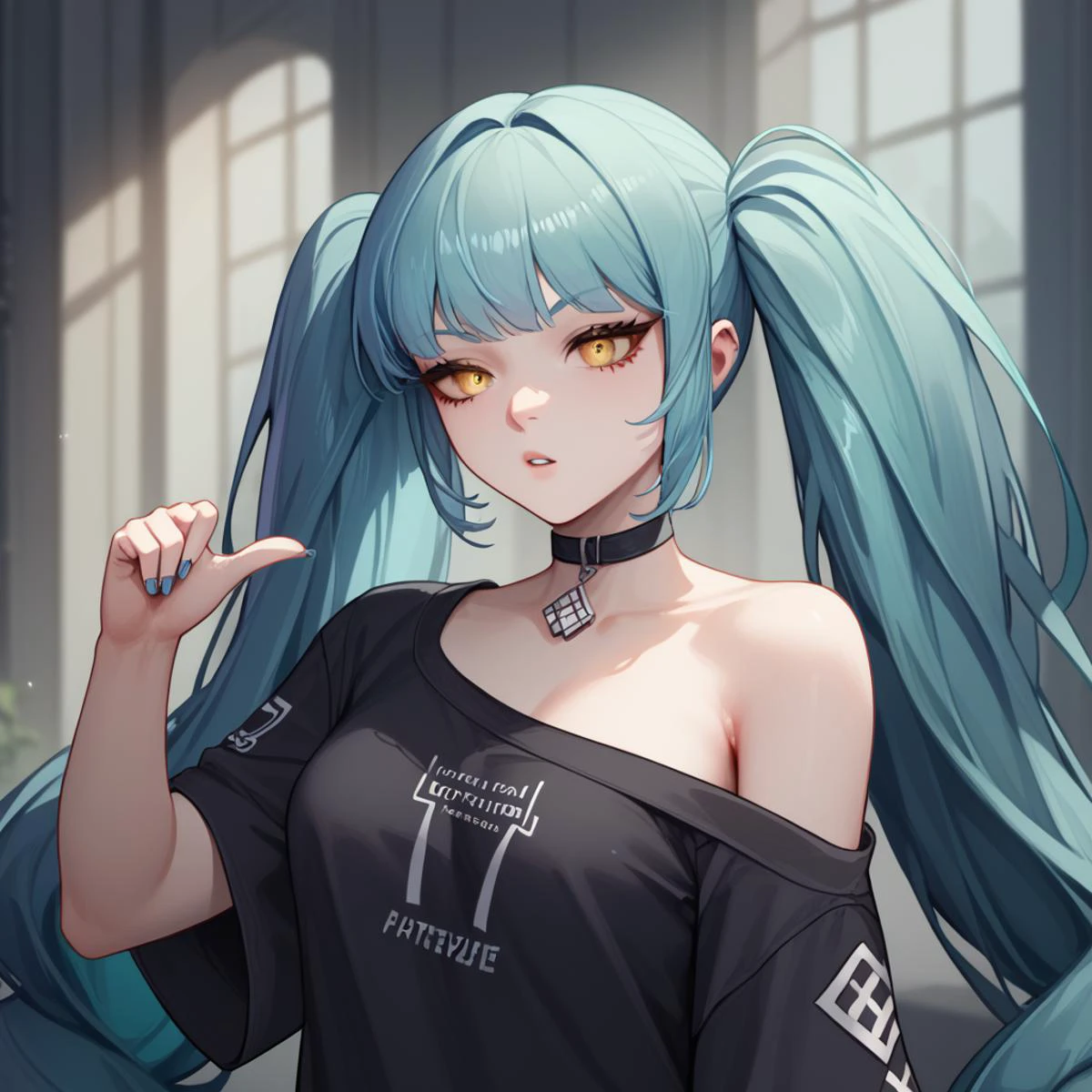 score_9, score_8_up, score_7_up, score_6_up, masterpiece,best quality,very aesthetic, absurdres, source_anime, Expressiveh, <lora:Expressive_H:1> <lora:add-detail-xl:1>
privaty, yellow eyes, aqua hair, twintails, very long hair
OVERSIZED SHIRT , SHIRT , OFF SHOULDER, black shirt, blue nails, nail polish,
thumb pointing, pointing at self,
<lora:Pony_DetailV2.0:1> <lora:privaty-nikke-richy-v1_pdxl:1> <lora:ThumbPointingAtSelf_XLPD:1> <lora:enhancerV4-pony:1>