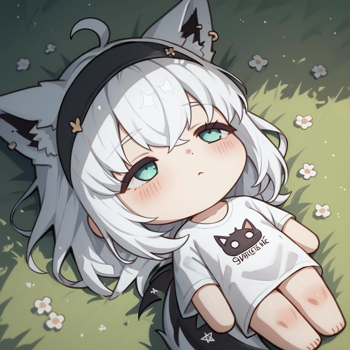 score_9, score_8_up, score_7_up, score_6_up, source_anime, d3t41l3d, <lora:d3t41l3dXLP:1> Expressiveh, <lora:Expressive_H:1> <lora:add-detail-xl:1> source_anime, anime style, blush,
fubuki_relax, sidelocks, black t-shirt, black hairband, no pants, white hair, ahoge, piercing, fox tail, QiqiFallen, lying, on back, chibi, on grass,
<lora:anime enhancer V3 xl:1> <lora:shirakami_fubuki_sdxl_pony-4:1> <lora:QiqiFallen_XLPD:1>