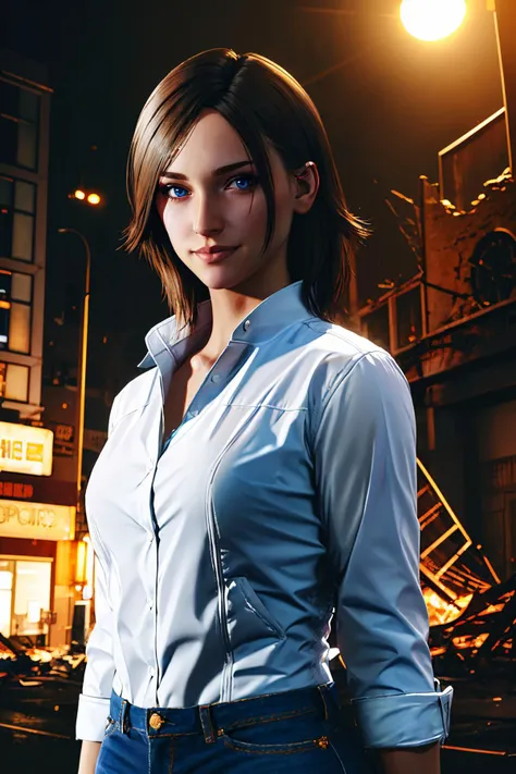 <lora:Juli-10:0.8> Juli, brown hair, blue eyes, white shirt, jacket, jeans, black gloves
masterpiece, best quality, absurdres, night, destroyed building, looking at viewer, smile