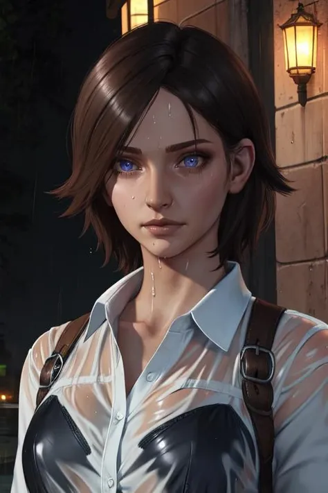 juli, short brown hair, embarrassed, looking at viewer,
white shirt, jeans, black bra, see-through shirt,
upper body, solo, standing, wet,
night, rain,
(insanely detailed, beautiful detailed face,beautiful detailed eyes, masterpiece, best quality) <lora:Juli:0.7>