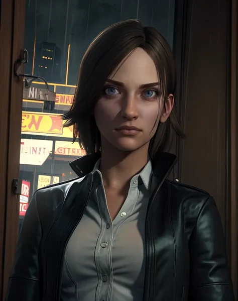 juli,short brown hair,white shirt,black leather jacket,jeans,looking at viewer,
upper body,solo,standing,
night,bar,window,rain,indoors,
(insanely detailed, beautiful detailed face,beautiful detailed eyes, masterpiece, best quality),solo,<lora:Juli-10TEW:0.8>,