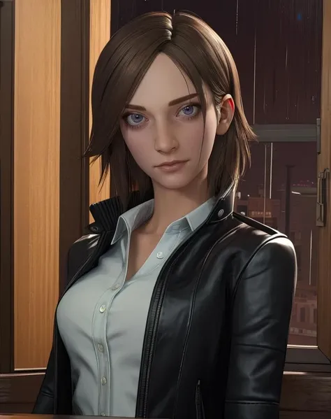 juli,short brown hair,white shirt,black leather jacket,jeans,looking at viewer,
upper body,solo,standing,
night,diner,window,rain,indoors,
(insanely detailed, beautiful detailed face,beautiful detailed eyes, masterpiece, best quality),solo,<lora:Juli-10TEW:0.8>,
