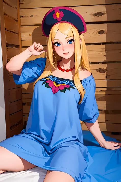 masterpiece, best quality, very detailed illustrations, <lora:zabavalk:0.5>, 1girl, solo, blonde hair, long hair, medium breasts, blue eyes, hat, dress, posing sexy, necklace, flower, looking at viewer, sexy body, delicate face, smile, blushing,