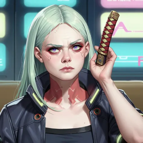 score_9, score_8_up, score_7_up, score_6_up,source_anime,anime 2d, anime screencap, a cyberpunk edgerunners woman with a futuristic katana, with black hair and purple eyes, closeup, elxfanning,  <lora:elfanning_ponyxl_aut_xl_1_st_wicap_merger_35_86_05-05-elxfanning:1>