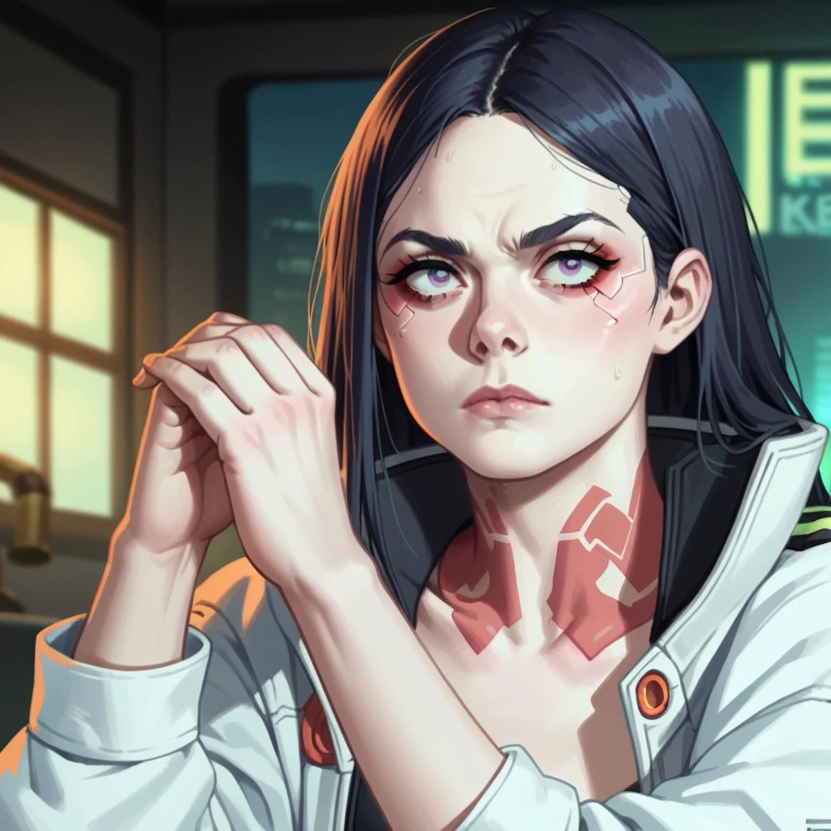 score_9, score_8_up, score_7_up, score_6_up,source_anime,anime 2d, anime screencap, a cyberpunk edgerunners woman with a futuristic katana, with black hair and purple eyes, elxfanning, <lora:elfanning_ponyxl_aut_xl_1_st_wicap_merger_35_86_05-05-elxfanning:1>