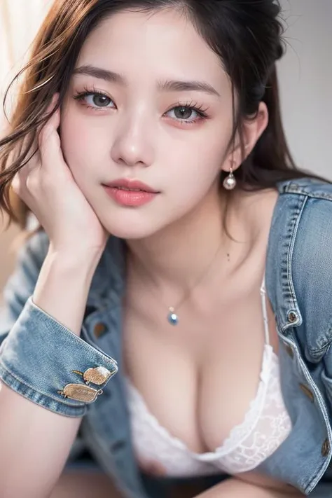 RAW, (intricate details:1.3), (best quality:1.3), (masterpiece:1.3), (photorealistic:1.4), (masterpiece, best quality, ultra detailed),[reflections], ultra realistic,
(best illumination, best shadow, extremely delicate and beautiful), taken by Canon EOS, SIGMA Art Lens 35mm F1.4, ISO 200 Shutter Speed 2000, Vivid picture, 1girl, ultra-detailed,
ultra high resolution, very detailed physically based rendering, dynamic angle, dynamic pose, wind, 8K UHD, Vivid picture, High definition, High quality texture, intricate details,
accent lighting, back lighting, professional lighting, light on face, cinematic lighting, bokeh,
(best quality real texture skin:1.4), finely detailed eyes, finely detailed face, finely quality eyes,
detailed texture, finely detailed, high detail, extremely detailed cg, High quality shadow, a realistic representation of the face, (high detailed skin, skin details), slim waist, beautiful and realistic and detailed hands and fingers:1, best ratio four fingers and one thumb, (detailed face, detailed eyes, beautiful face), belly fat:0.1, cameltoe,
1girl,19yo, (sparkling eyes:1.3), (sparkling lips:1.3), (necklace), (looking at viewer), (medium breasts:1.6), (denim jacket and white t-shirt and underwear and light wash jeans), (from below), (spread legs:0), (facial expression of tired and sleepy and smile:1.6), pureerosface_v1
<lora:honeyMixGirl_V1:0.6>