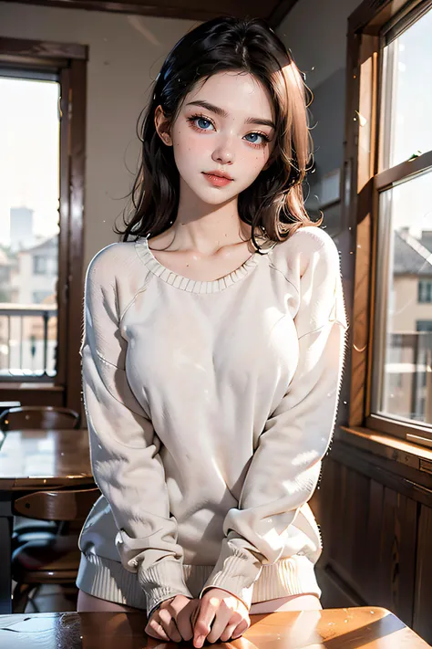 edgy pinterest woman,20 years old,wearing a oversized sweater,happy,dimples,natural look,sunny,soft lighting,emotional,grainy,<lora:honeyMixGirl_V1:0.8>,