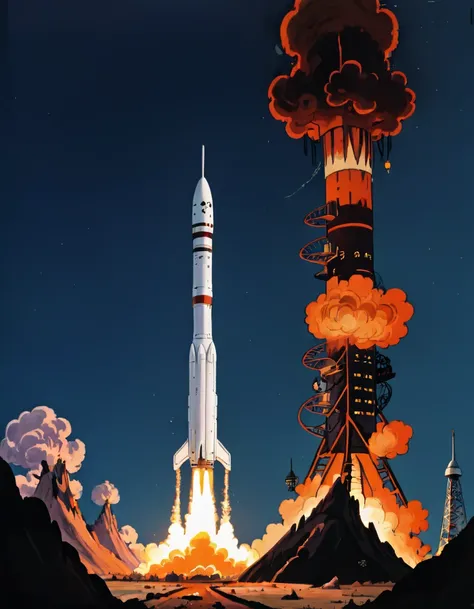 "A photo of a (new space rocket:1.3), (liftoff with intense smoke and blast:1.2), against a backdrop of (planet Earth:1.1), (stunning sunset:1.2), marking the successful start of a space mission, journey to Mars, vibrant and dynamic movement, powerful propulsion, fiery exhaust, deep space exploration, high contrast, UHD resolution, Canon EOS R5, 1/4000s, f/8, ISO 100, dramatic lighting, high-definition details, the majesty of space travel, vibrant colors, panoramic view, RAW photography, professional grade,