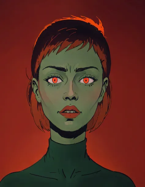 A close-up portrait of a woman with (sharp contrast:1.2), (red and green light on face:1.3), (half-shadowed visage:1.1), (intense gaze:1.2), minimalist aesthetic, high-definition resolution, subtle (skin texture:1.1), (neutral expression:1.1), (sharp facial features:1.1), Canon EOS 5D Mark IV, 1/125s, f/2.8, ISO 100, (saturated colors:1.1), studio lighting, simplistic background, visual symmetry, digital photography, artistic expression, color play,