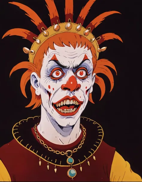 Close-up of a (malevolent clown:1.3), sinister smile, (blood-red hands:1.2) with gold rings, intricate (jeweled headdress:1.1), face painted white with (ominous red designs:1.2), haunting orange eyes, draped in (rich crimson robes:1.1), adorned with gold, (surreal horror:1.3), exquisite detail, tactile textures, (mysterious ambiance:1.2), Nikon D850, 1/160s, f/3.2, ISO 100, high fidelity image, (sharp focus:1.1), (theatrical expression:1.2),