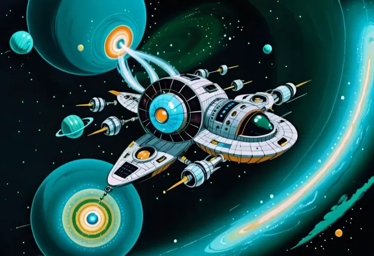 retro futuristic spaceship in open space, fantasy, complex spheres ship design, spiral motives, turquoise and green tones, sparkles , planets with fractal storms, small moons, solar flares, black holes,perfect composition