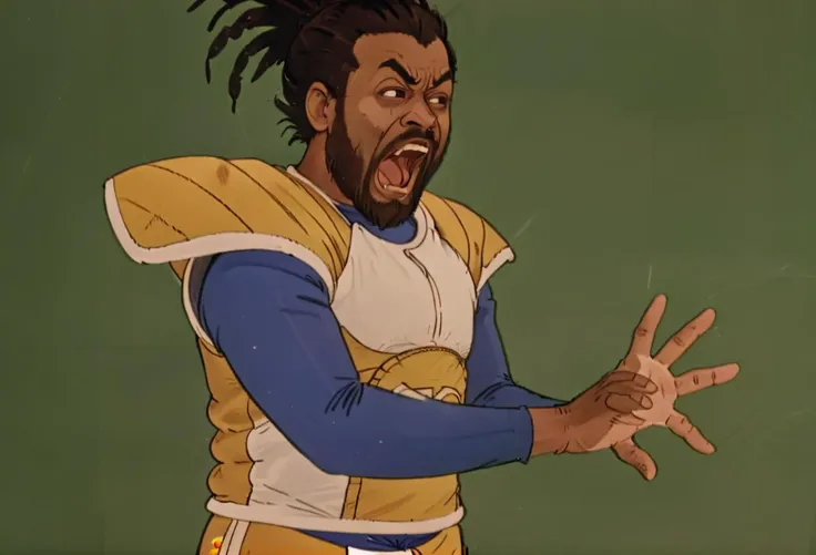 (masterpiece, top quality, best quality, official art, (beautiful and aesthetic:1.) <lora:vagriiahxl:0.5> vgriiah, screaming face, wrists together , palms open spread, right palm facing up, left palm facing down man, beard, SAIYAN ARMOR,with dreads,A close-up portrait of a man with (sharp contrast:1.2), (LIGHT BROWN and BROWN light on face:1.3), (half-shadowed visage:1.1), (intense gaze:1.2), minimalist aesthetic, high-definition resolution, subtle (skin texture:1.1), (neutral expression:1.1), (sharp facial features:1.1), Canon EOS 5D Mark IV, 1/125s, f/2.8, ISO 100, (saturated colors:1.1), studio lighting, simplistic background, visual symmetry, digital photography, artistic expression, color play,