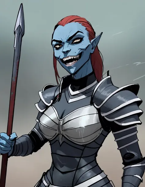 masterpiece, best quality, perfect face, black sclera:, 1girl, solo, undyne the undying, (armor:1.6), black armor, spiked armor, blue body, blue skin, fish, sharp teeth, spear, weapon, polearm






