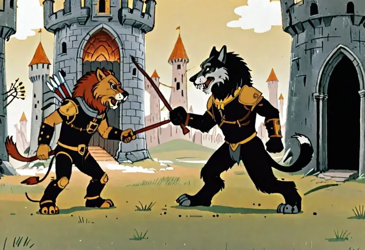 A lion and a wolf warrior,
A wolf warrior, wearing black fur infused iron gauntlets, fur infused chainmail armor, and fur insulated metal boots, fur pants with a big crouch guard, tail guard, holding a crossbow, castle in background
The two warriors fights in an epic duel, wolf on the left, lion on the right, the lion a lot taller