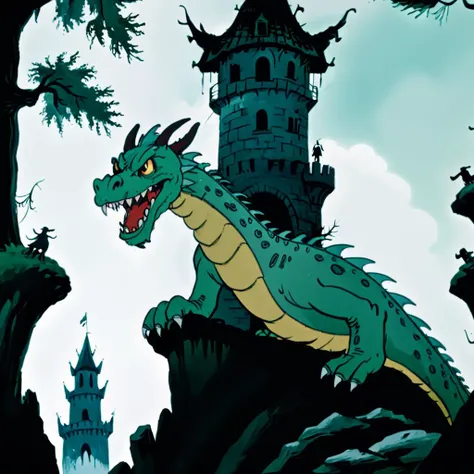 Menacing Large green dragon with scar on lower lip atop a crumbling tower on a hill surrounded by trees.