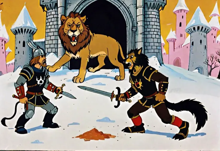 A lion and a wolf worrior,
A wolf warrior, wearing black fur infused iron gauntlets, fur infused chainmail armor, and fur insulated metal boots, fur pants with a big crouch guard, tail guard, holding a crossbow, castle in background
The two warriors fights in an epic duel, wolf on the left, lion on the right, the lion a lot taller