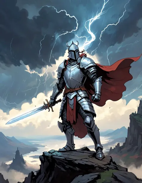 Fantasy illustration of a knight in heavy armor, (crucible knight:1.3) holding a glowing sword aloft, (enchanted armor:1.2) with intricate designs, (magical energy:1.1) emanating from the weapon, (epic battle stance:1.2) on a rocky cliff edge, overlooking a vast landscape, (mystical runes:1.1) carved into the ground, (ominous storm clouds:1.2) gathering in the sky, (dramatic lighting:1.1) casting shadows, (detailed armor embellishments:1.2) reflecting light, (fantasy creature silhouettes:1.1) in the distance, (dynamic pose:1.2) emphasizing strength and determination, (rich color palette:1.1) enhancing the magical atmosphere, (fierce expression:1.2) on the knight's face, (flowing cape:1.1) billowing in the wind, (intricate weapon design:1.2) with glowing gemstones, (epic fantasy setting:1.2) with a sense of adventure and danger.






