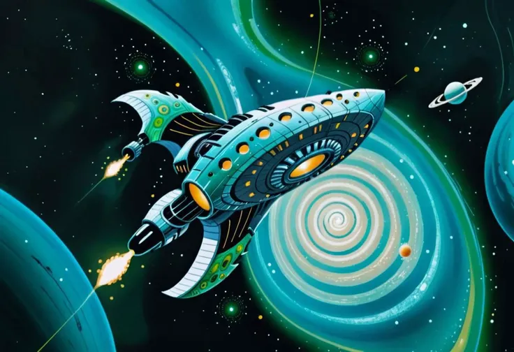 retro futuristic spaceship in open space, fantasy, spiral ship design, turquoise and green tones, sparkles , planets with fractal storms, small moons, solar flares, black holes,perfect composition