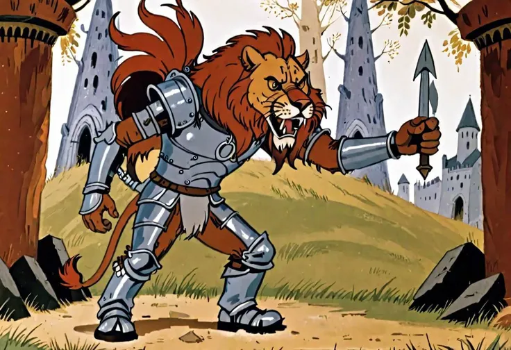 A warrior wearing iron helmet, showing his handsome face, fur infused iron finger gauntlets, fur infused chainmail armor, and fur insulated metal boots, fur pants with a big crouch guard that's shaped like a lion's head, mouth open