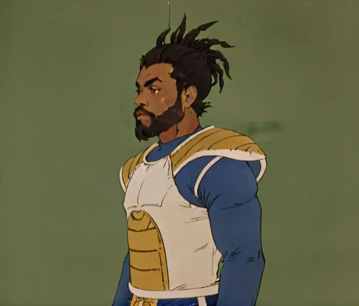 (masterpiece, top quality, best quality, official art, (beautiful and aesthetic:1.) <lora:vagriiahxl:0.4> vgriiah, man, beard, SAIYAN ARMOR,with dreads,A close-up portrait of a man (sharp contrast:1.2), (LIGHT BROWN and BROWN light on face:1.3), (half-shadowed visage:1.1), (intense gaze:1.2), minimalist aesthetic, high-definition resolution, subtle (skin texture:1.1), (neutral expression:1.1), (sharp facial features:1.1), (saturated colors:1.1), studio lighting, simplistic background, visual symmetry, artistic expression, color play, white chest plates, blue shorts, gold trip on sides of shorts, on a flat green background, thick drawing lines