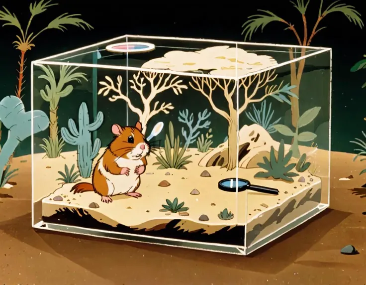 Gentle, (hamster), inside ((A transparent display box with built-in magnifying glass enabling close examination of intricate details)), with a desert oasis in the background,