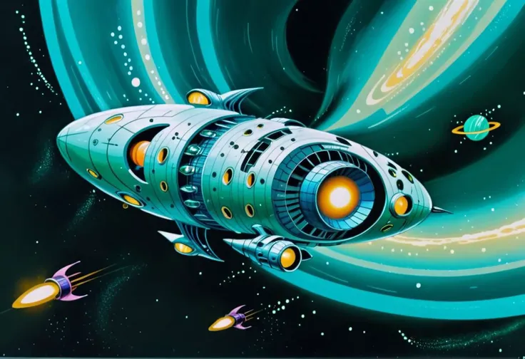 retro futuristic spaceship in open space, fantasy, complex spiral ship design, turquoise and green tones, sparkles , planets with fractal storms, small moons, solar flares, black holes,perfect composition