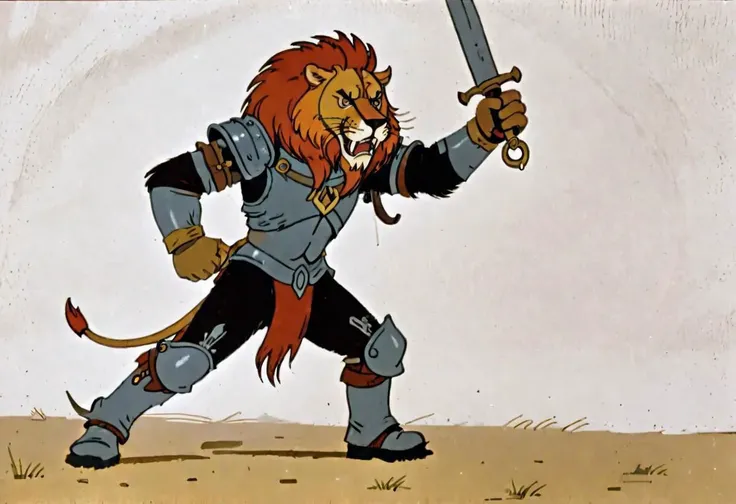 A warrior wearing lion head metal helmet, fur infused iron gauntlets, fur infused chainmail armor, and fur insulated metal boots, fur pants with a big crouch guard, holding a sword with a long handle in it's left hand with a hook blade sticking up from it's pommel
