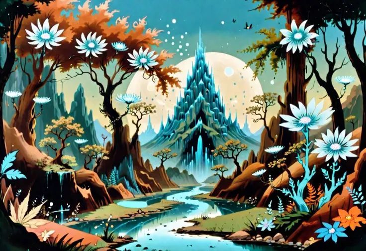 wild planet fantasy landscape, fractal leaves, turquoise trees, sparkling (translucent crystal flowers), river, green sky, rusty mechanical butterflies, small moons, mountain with many caves,detailed, day