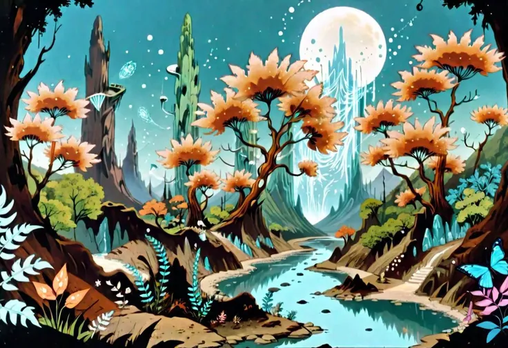 wild planet fantasy landscape, fractal leaves, multi-tiered burdocks, turquoise trees, sparkling (translucent crystal flowers), river, green sky, rusty mechanical butterflies, small moons, mountain with many caves,detailed, day, perfect composition