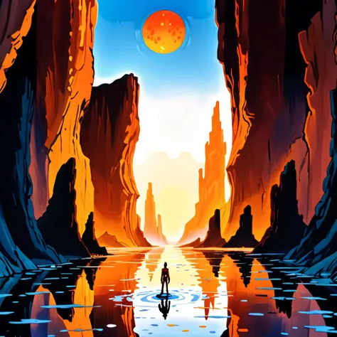 An image of a solitary person stands on the edge of a reflective water body in the center of a sci-fi canyon landscape. Enormous, glowing celestial body rises on the horizon, resembling both a sunrise and a planet rise. The canyon walls have a wave-like fluidity, with vibrant blues and glowing oranges highlighting the scene's dramatic temperature contrast. The reflected image in the water adds perfect symmetry to the overall composition, enhancing the sense of scale and wonder