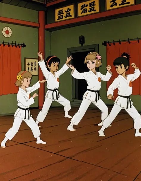 lace bolero jacket, tulle skirt, ballet flats, floral headband 80s style Karate Dojo, A traditional martial arts dojo with students dressed in karate uniforms, practicing their moves under the guidance of a sensei