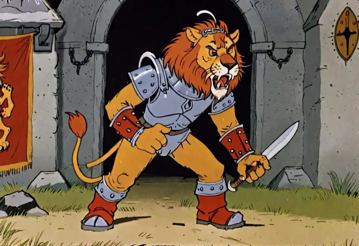 A warrior wearing lion head shaped metal helmet, showing his handsome face, fur infused iron finger gauntlets, fur infused chainmail armor, and fur insulated metal boots, fur pants with a big crouch guard that's shaped like a lion's head, mouth open