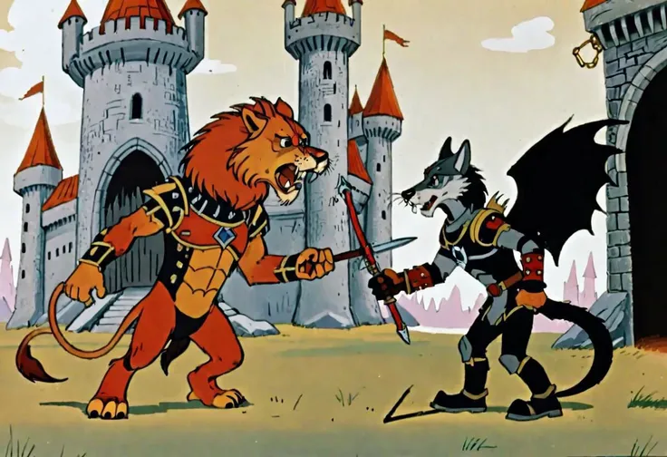 A lion and a wolf worrior,
A wolf warrior, wearing black fur infused iron gauntlets, fur infused chainmail armor, and fur insulated metal boots, fur pants with a big crouch guard, tail guard, holding a crossbow, castle in background
The two warriors fights a flying dragon