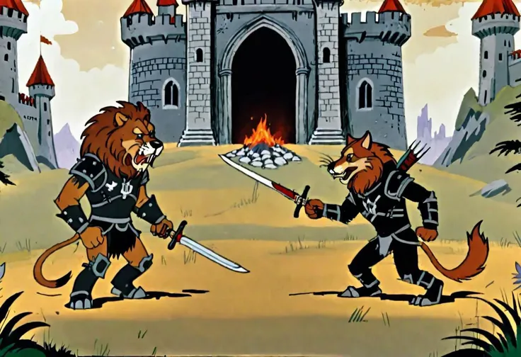 A lion and a wolf worrior,
A wolf warrior, wearing black fur infused iron gauntlets, fur infused chainmail armor, and fur insulated metal boots, fur pants with a big crouch guard, tail guard, holding a crossbow, castle in background
The two warriors fights in an epic duel, wolf on the left, lion on the right, the lion a lot taller