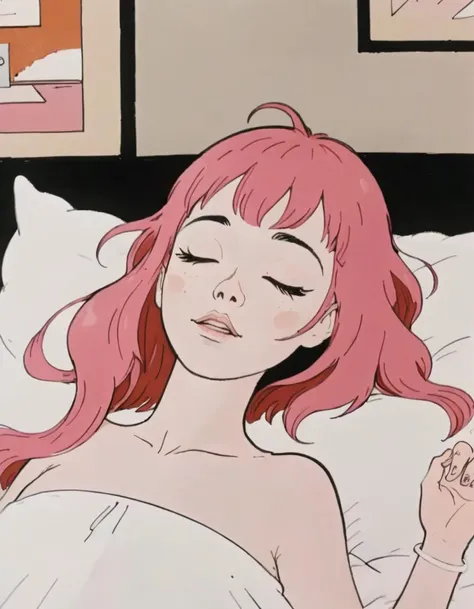 Manga-style line drawing, (girl with pink hair:1.3), reclining on bed, black and white, minimalistic, (flowing hair spread out:1.2), relaxed posture, (expressive closed eyes:1.1), soft facial features, (bedroom setting implied by linework:1.1), (pillow under head:1.1), (serene expression:1.2), delicate linework for bedding, (whisps of hair strands:1.2), suggestive of comfort and ease, (intimate atmosphere:1.1), (youthful character:1.2), simple contouring, (peaceful vibe:1.3), high detail on hair, manga-style illustration.






