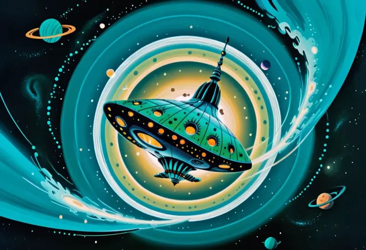 retro futuristic spaceship in open space, fantasy, spiral ship design, turquoise and green tones, sparkles , planets with fractal storms, small moons, solar flares, black holes,perfect composition