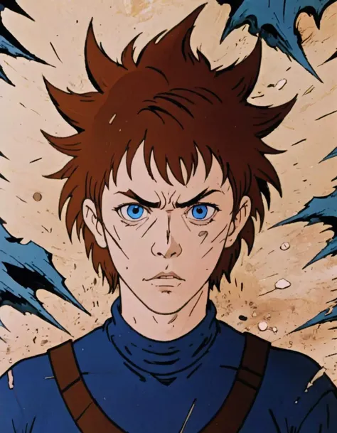 Half-face view of anime character, (sharp blue eye:1.3), (brown spiky hair:1.1), serious expression, (cracked earth background:1.2), metal rods protruding from cracks, high contrast shading, vintage anime style, (tense atmosphere:1.2), bold lines, character partially in shadow, dramatic tension.






