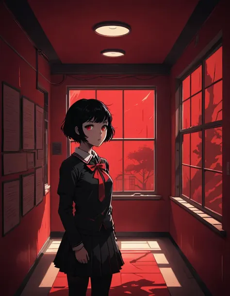 Anime girl with (short black hair:1.1), school uniform with red bow, (silhouetted against a red, window-lit hallway:1.3), mysterious aura, dramatic shading, high contrast, intense and somber mood, (text overlay: ".is you.":1.1), psychological thriller vibe, (shadowed face with a hint of light on eyes:1.2), suspenseful atmosphere.






