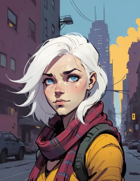 highly detailed portrait of halo, blue eyes, tartan scarf, white hair by atey ghailan, by greg rutkowski, by greg tocchini, by james gilleard, by joe fenton, by kaethe butcher, gradient yellow, black, brown and magenta color scheme, grunge aesthetic!!! graffiti tag wall background






