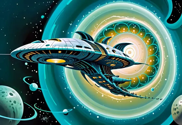 retro futuristic spaceship in open space, fantasy, fractal and spiral ship design, turquoise, sparkling green , planets with fractal rivers and small moons, galaxies,perfect composition