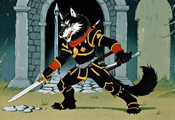 A warrior wearing wolf head metal helmet, black fur infused iron gauntlets, fur infused chainmail armor, and fur insulated metal boots, fur pants with a big crouch guard, tail guard, holding a sword with a long handle with both hands