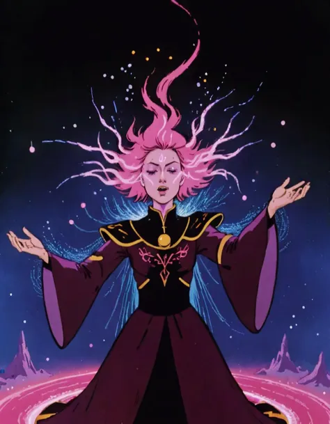 female archmage  Channeling spell shaped like Nebula of magenta liquid wind and control over quantum particles and reality