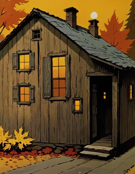 House of autumn, (vibrant ochre hue:1.1) on facade, (weathered texture:1.1) of wooden walls, (autumn leaves:1.1) scattered around, (setting sun:1.1) casting long shadows, (past seasons' scars:1.1) etched on walls, (silent and still:1.1), (echoes of lost time:1.1) resounding, (rustic charm:1.1), (melancholic atmosphere:1.1), (aging gracefully:1.1), (subtle details:1.1).