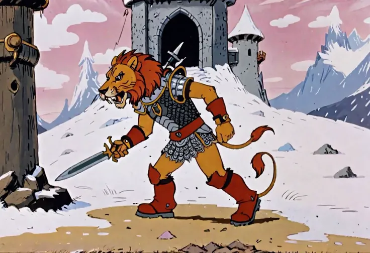 A warrior wearing lion head metal helmet, fur infused iron gauntlets, fur infused chainmail armor, and fur insulated metal boots, fur pants with a big crouch guard