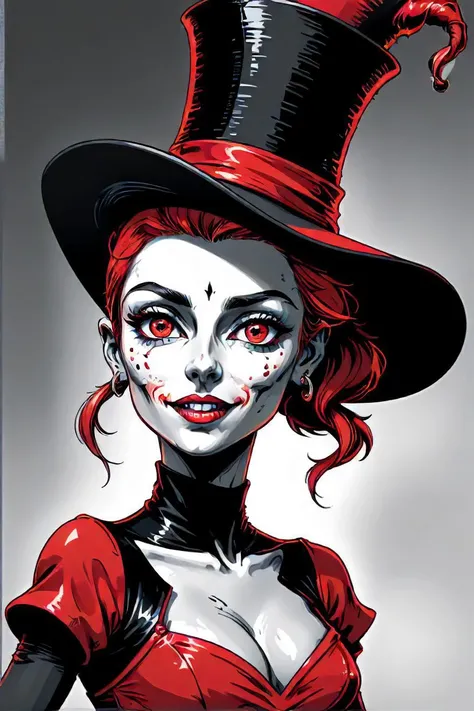 a close up of a cartoon character wearing a top hat, gerit dou, illustration daily deviation, larger than life jester personality. circus motif, creepy vibrant makeup woman, vibrant makeup woman, dancing character, hansel and gretel, high detailed 3d render character design, grayscale phtoto with red dress, animated character design, larger than life jester personality. vibrant makeup motif, beautiful female woman with red ponytail hair